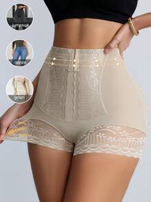 Women Front Button High Compression Tummy Control Shapewear Panties, Waist Trainer Tummy Control, Waist Shapewear, Solid Color With Lace Detail