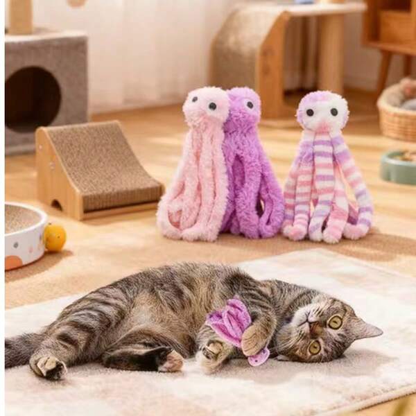 1/3 Juguete adorable de gato con forma de pulpo con hierba gatera - Suave, colorido e irresistible!
