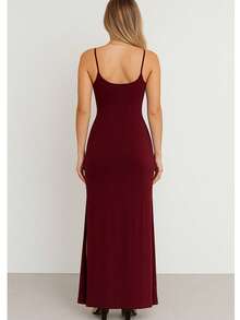 Women's Elegant Casual Long Dress In Ribbed Knit With Side Slits - Burdeos - Ver 6