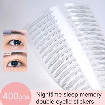 400片睡眠记忆双眼皮贴，适用于单眼皮和浮肿眼皮，妆效自然，防水防汗，附赠Y型镊子，价格实惠，适合作为圣诞礼物、化妆品、化妆工具等。