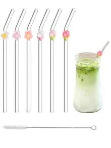 1 件/6 件花朵装饰玻璃吸管，适合饮用果汁、奶茶、咖啡、冷饮，弯曲吸管设计，学校用品，返校，送给女朋友、男朋友、父母、朋友的礼物