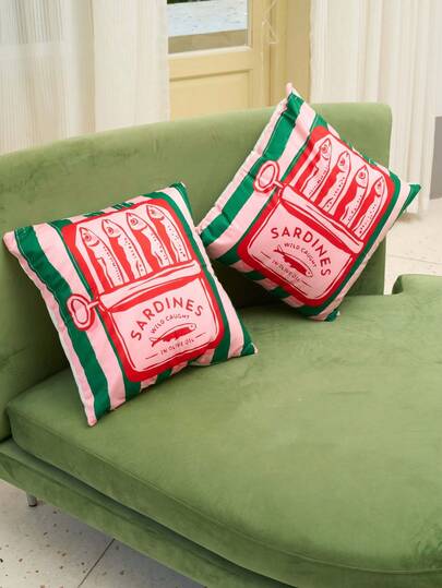 Joivida 1pc Simple Sardine Fish Print Throw Pillow Cover, Colorful Minimalist Food Pattern Vintage Decorative Cushion Cover With Zipper, Suitable For Living Room, Sofa, Bed, Bedroom Decor, Party Decor - No Pillow Insert - Multiple Sizes - Single-Sided Print