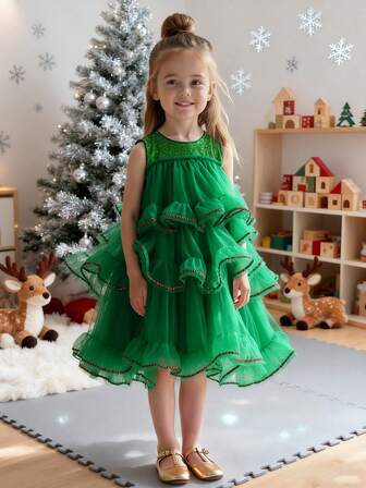 Nuevo vestido de princesa para niña joven con bloqueo de color, malla sin mangas y diseño de árbol de Navidad, vestido de fiesta de Navidad para niña joven