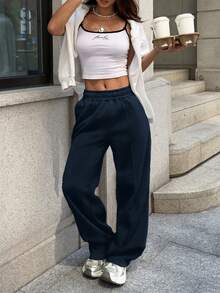 Sulojter Casual Loose Solid Color Elastic Waist Sweatpants - Navy Blue - View 3
