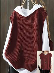 Áo len cổ tròn màu trơn thường ngày cỡ lớn - Màu Đỏ Sâu - Xem 2
