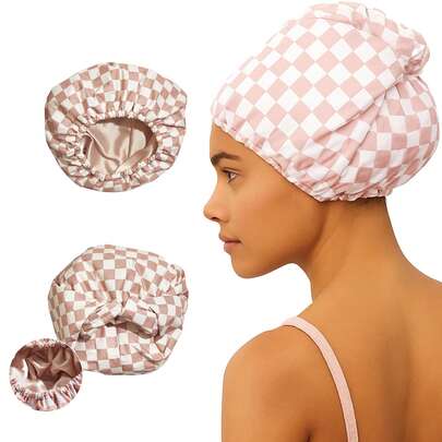Luxury Shower Caps For Women Reusable Waterproof - Flexi Satin Lined, Large Wide Shower Cap For Women & Men, Adjustable, Stylish Hair Cap For Shower, For Long & Short Hair - Terracotta Checker