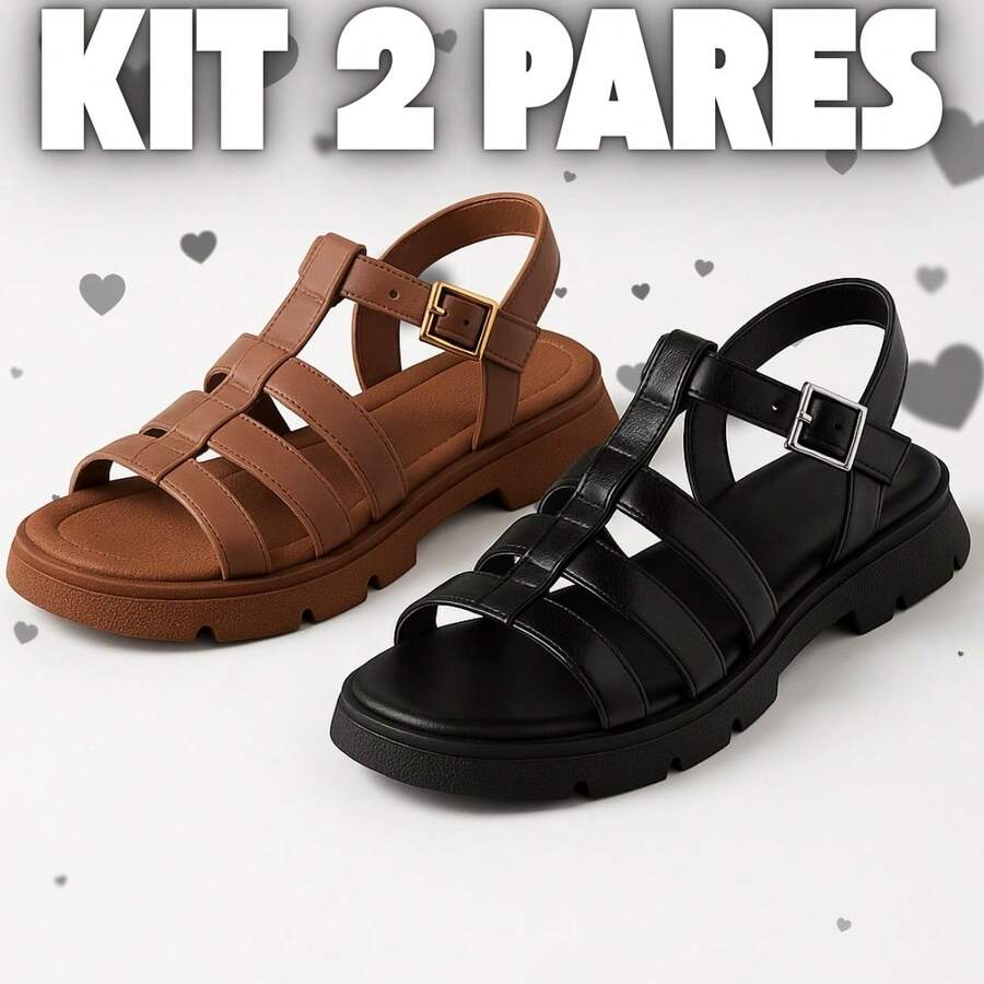 Kit 2 Pares Sandália Feminina Tratorada Confortável Estilosa e para o Verão - Live