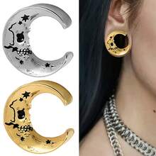 2pcs Punk Style Moon Skull Ear Gauges, Screw Ear Plugs Tunnels, Earrings, Body Piercing Jewelry, Suitable For Halloween Gifts And Daily Wear