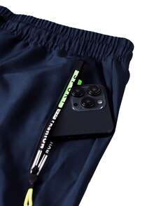 Plus Size Men's Lightweight Cargo Pants, Spring & Autumn, Drawstring Waist, Letter Print, Zipper Pockets, Solid Color, Large Pockets, Suitable For Casual, Sports, Daily Wear