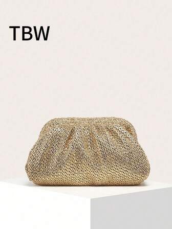 Women's Solid Color Straw Woven Wrinkled Cloud Bag, Retro , Large Capacity And Fashionable, Suitable For Going Out Shopping.