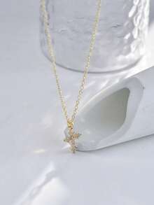 Tkool 1pc Shiny Gold-Tone Cross Pendant Necklace With Cubic Zirconia Stones - Yellow Gold - View 5