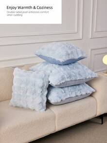 1个天蓝色仿毛皮装饰枕套（不含枕芯），现代法兰绒绒面抱枕套，拉链封口，适用于家居、沙发、客厅 - 淺藍色 - 查看 4
