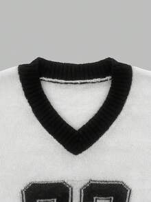 女式 V 领落肩拼色数字提花灯笼袖套头衫 - 柔软宽松针织上衣，适合街头休闲装、返校装、日常通勤装、派对装、秋冬装