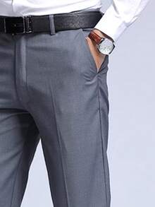 Men's Straight Leg Suit Pants, Business Formal Slim Fit Trousers, Black, Spring - Grey - View 4