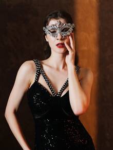 1pc Fashionable Rhinestone Mask, High-End Geometric Hollow-Out Mask For Halloween Party, Masquerade Ball Decor - Mask - View 5