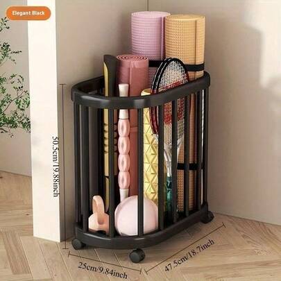 Multifunctional Storage Basket With Wheels, 1PC Modern Movable Organizer Bin For Yoga Mat, Badminton Racket, Sports Equipment, Laundry Hamper, Simple Rolling Utility Cart For Home