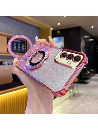 Transparent And Stylish Electroplated Shock-Absorbing Airbag Phone Case With Magnetic Metal Bracket And Phone Cover Compatible With IPhone 6/7/8/X/XS/XR/11/12/13/14/15/16/16e,Galaxy S22/23/24/25/S24 FE/S25 EDGE, A04/05/06/A07/A14/A15/A16/A17/A24/A25/A34, Redmi Note 9/10/11/12/13 ,Redmi 9/10/12/13C 14C,OPPO,MOTO,Honor X,HW, RENO Realme C53 C55 C61 C63 C75