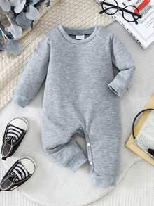 Infant Boys' Solid Color Ribbed Crew Neck Long Sleeve Jumpsuit, Thick For Autumn/Winter