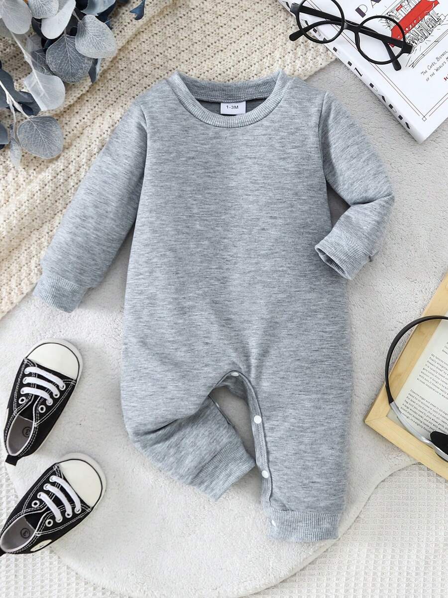 Infant Boys' Solid Color Ribbed Crew Neck Long Sleeve Jumpsuit, Thick For Autumn/Winter