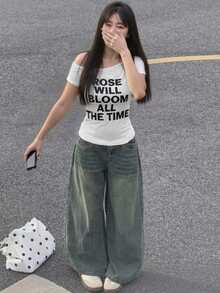 Solid Color Letter Print Oblique Shoulder Short Sleeve Slim Casual Women T-Shirt, Spring/Summer White - White - View 3