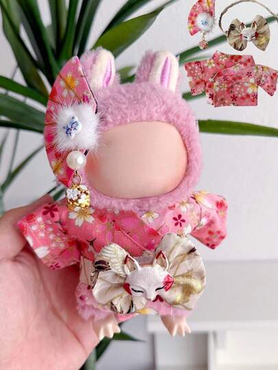 Clothes For Labubu 17cm The Monster Doll's Outfit Accessories Clothing DIY High-Quality Pink Sakura Kimono Design Doll Dress Up