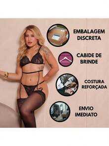 Gringa Sexy Set Kit Adjustable Bra Panties + Garter Belt + Pantyhose - 白色 - 查看 10