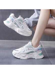 Women's Chunky Sneakers, New Autumn Ins Style Korean Version, Thick Sole Breathable Student Sports Shoes, Casual Shoes, Canvas Shoes, Mesh Breathable Lace-Up, Thick Sole, Soft Bottom, Four Seasons Versatile Line Jogging Shoes, Daily Commute