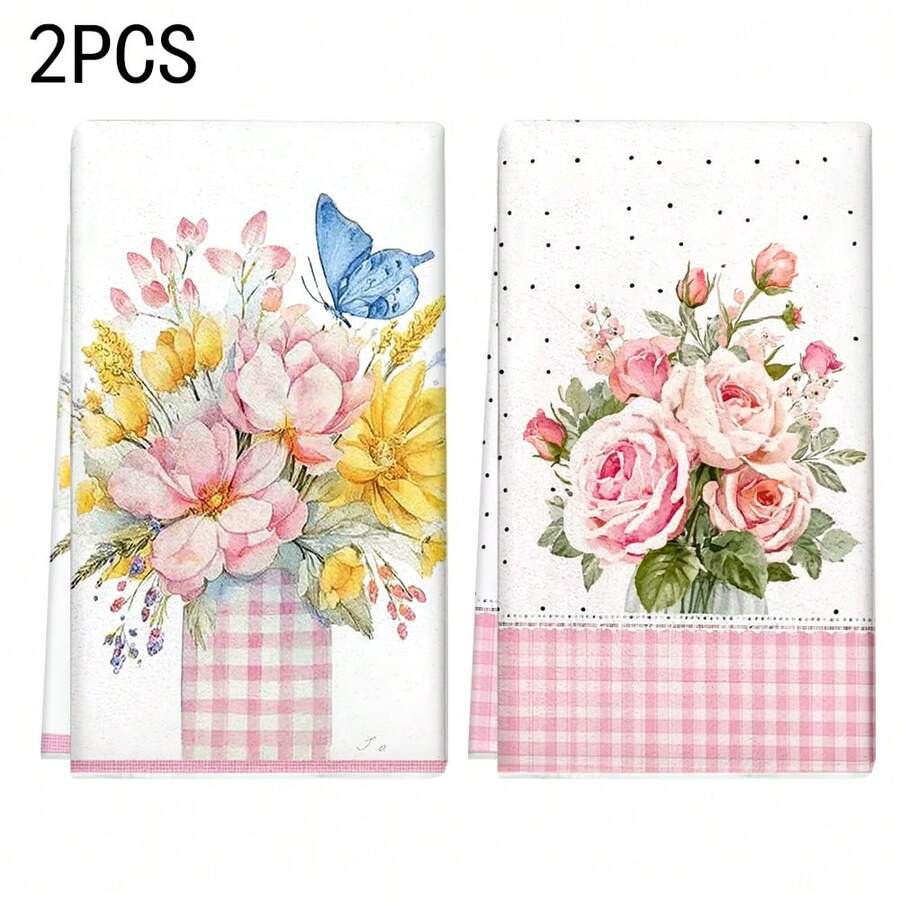 1set/2pcs/100pcs Flower And Pink Checkered Pattern Kitchen Towels And Dishcloths Are Suitable For Interior Decoration In Restaurants, Kitchens And Bathrooms, Party Decoration, Festival Gifts, And Can Also Be Given As Presents - Multicolor - View 1