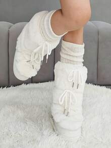 Faux Fur Snow Boots For Women Fuzzy Fluffy Furry Lace Up Mid Calf Boots Winter Warm Fur Boots For Christmas - 白色 - 查看 8