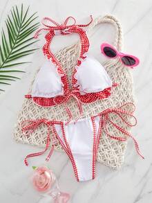 PEPPERMOLLY 2026春夏爆款多色花朵两件式泳衣，露背挂脖设计，随机印花，夏季海滩度假必备性感修身比基尼 - 紅白色 - 查看 7