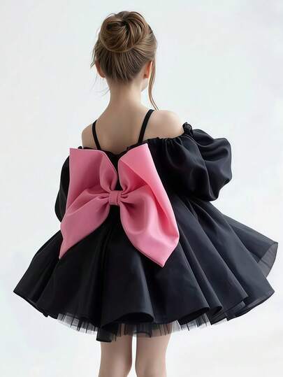 Tween Girl Elegant Bowknot Decor Princess Dress, Suitable For Girls Holiday Party, Wedding, Birthday, And Other Formal Occasions