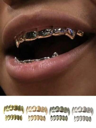 A Set Of Hip-Hop Smooth, Sharp Teeth In Gold And Silver, Cool And Smooth, Suitable For Both Men And Women, For Halloween And Christmas
