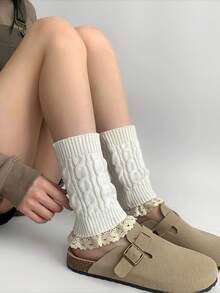 1 Pair Of Lace Leg Covers Paired With Covers For Boots Warm Leg Protection Women's Autumn And Winter Short Knitted With Pleated Lace, Cozy - Multicolor - View 10