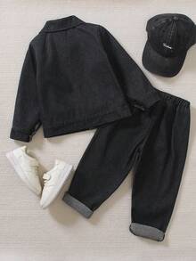 2-5 岁幼儿男童时尚黑色牛仔套装，包括长袖休闲纽扣领衬衫和直筒牛仔裤，春秋季 - 黑色 - 查看 8