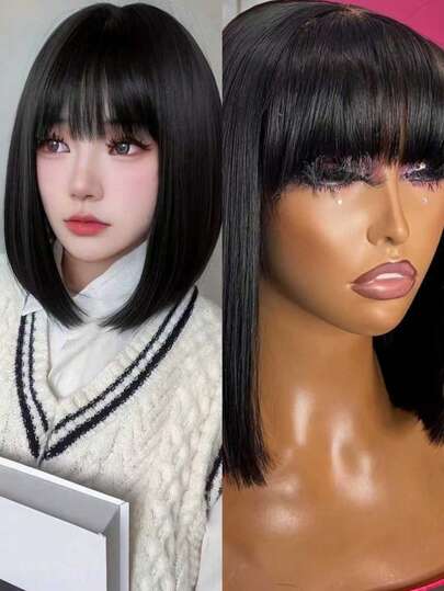 alicegarden 1 合成耐热假发，黑色短发假发带刘海，12 英尺长，由纤维制成，适合日常使用，自然仿真假发
