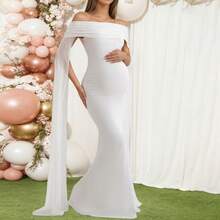 Pregnant Women's White Sheer Knit Elastic Mermaid Maxi Dress, Sleeveless Off-Shoulder, Elegant Maternity Photoshoot, Wedding, Party Gown - White - View 6