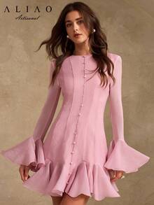 Đầm dạ hội mini kiểu dáng sang trọng, xếp ly eo của A&A, thanh lịch, màu trơn, phong cách cổ điển, kín đáo, thích hợp cho mùa cưới, ngày Valentine, mùa thu đông, tiệc trắng, phong cách quý tộc xưa, trang phục năm mới. - Hồng - Xem 6