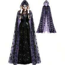 Halloween Costume Black Hooded Cape Tulle Cloak Medieval Hooded Cloak Vampire Robe With Hood For Women Cosplaygift - 紫色 - 查看 1