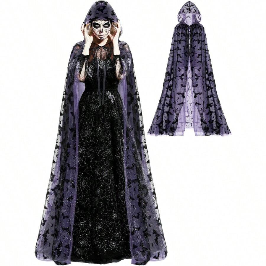 Halloween Costume Black Hooded Cape Tulle Cloak Medieval Hooded Cloak Vampire Robe With Hood For Women Cosplaygift - 紫色 - 查看 1