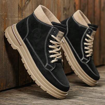 Botas de cano alto masculinas - Sapatos com cadarço para todas as estações, sola de PVC antiderrapante, palmilha acolchoada - cáqui/preto - Adequado para caminhadas, uso casual, diário e formal - Cabedal sintético durável - Disponível em tamanhos grandes e altos, calçados para atividades ao ar livre com estilo retrô, resistentes, para entusiastas de atividades ao ar livre