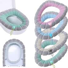 4-Piece Set Of Soft Toilet Seat Cushion, Thickened, Warm, Elastic, Washable Cloth Toilet Seat Suitable For All Oval Toilet Seats. Elastic Washable Toilet Seat Cushion Cover With Handle, Comfortable Toilet Seat Cover, Bathroom Toilet Accessory Set - 彩色 - 查看 2
