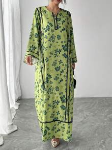 1 Stück Damen Maxikleid mit Blume Muster und Langarm in A-Linie, lässiges grünes Kleid geeignet für Hochzeiten, elegantes arabisches Abaya-Kleid für luxuriöse Partyveranstaltungen im Frühling - Grün - Übersicht 9