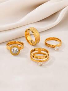 4/5 Pieces Fashionable And Exquisite Stainless Steel Ring 18k Gold Plated With Diamonds Round Square Ring Suitable For Women'S Daily Wear Dating Play Wedding Engagement Holiday Gift Jewellery