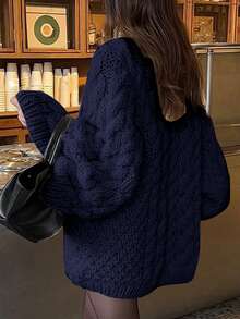 Just Masa 女士春季休闲优雅宽松针织毛衣，圆领长袖麻花针织纯色弹力时尚简约设计基础款中长套头衫，适合通勤、日常穿着、旅行、度假和约会。 - 藏蓝色 - 查看 6