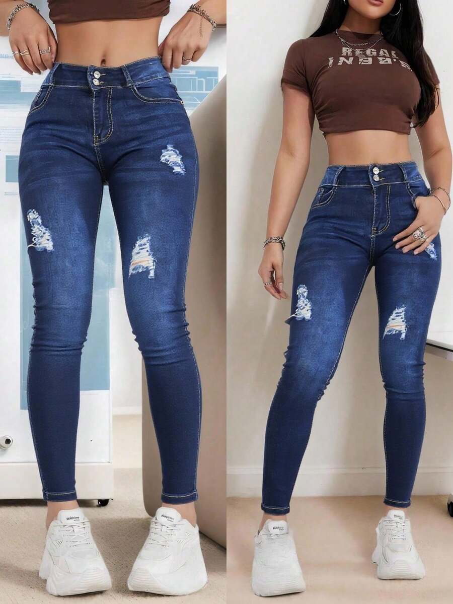 Pantalones vaqueros ajustados de tiro alto con rotos, tejido suave y elástico, moldeadores de silueta, versátiles para looks casuales. - Azul lavado oscuro - Ver 1