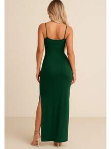 Women's Elegant Casual Long Dress In Ribbed Knit With Side Slits - màu xanh lá - Xem 8