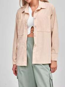 女式纽扣衬衫领长袖休闲衬衫 - 杏色 - 查看 6