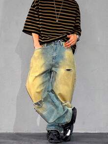 Jeans rectos de pierna suelta con efecto desgastado vintage, pantalones vaqueros desgarrados con degradado desteñido, estilo retro americano - Bronce - Ver 6