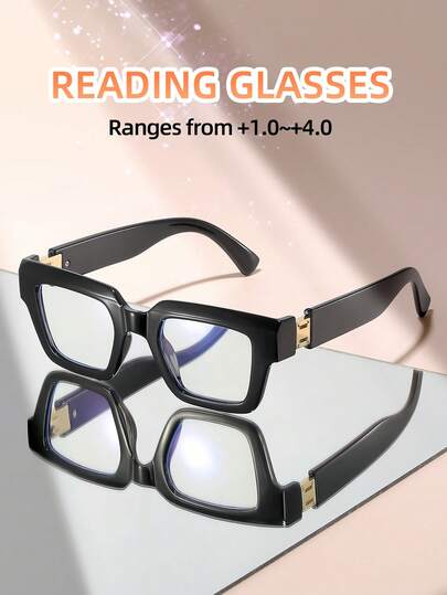 1 Pair Retro Square Fashion Reading Glasses For Men & Women, Marble Pattern Temples, Metal Connectors, Magnification +1.0 To +4.0