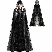 Halloween Costume Black Hooded Cape Tulle Cloak Medieval Hooded Cloak Vampire Robe With Hood For Women Cosplaygift - Black - View 1